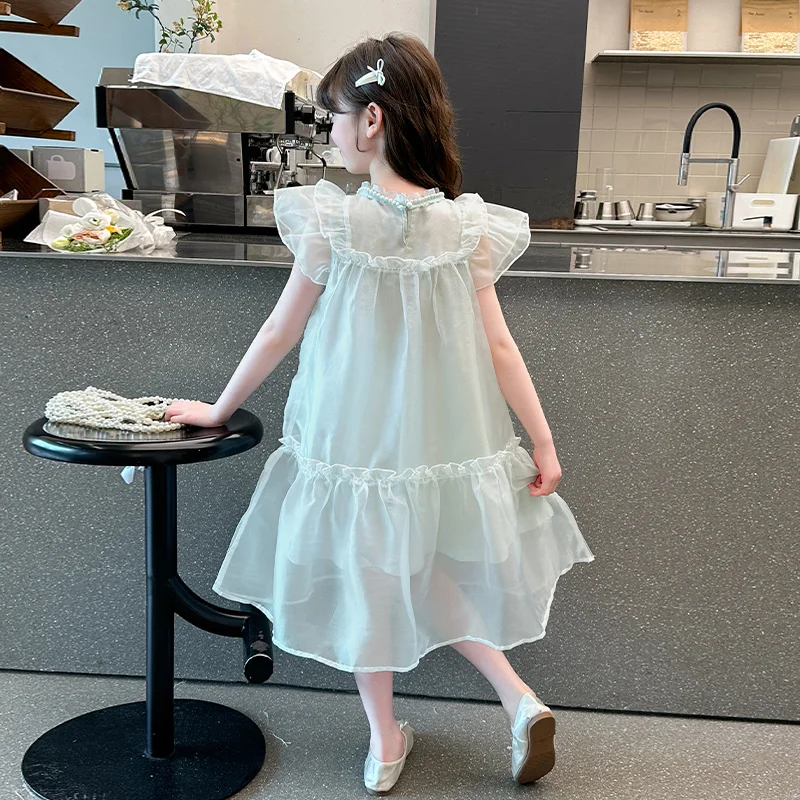 Girl's dress 2025 summer new item children's lightweight princess dress round neck pearl necklace baby's chiffon skirt