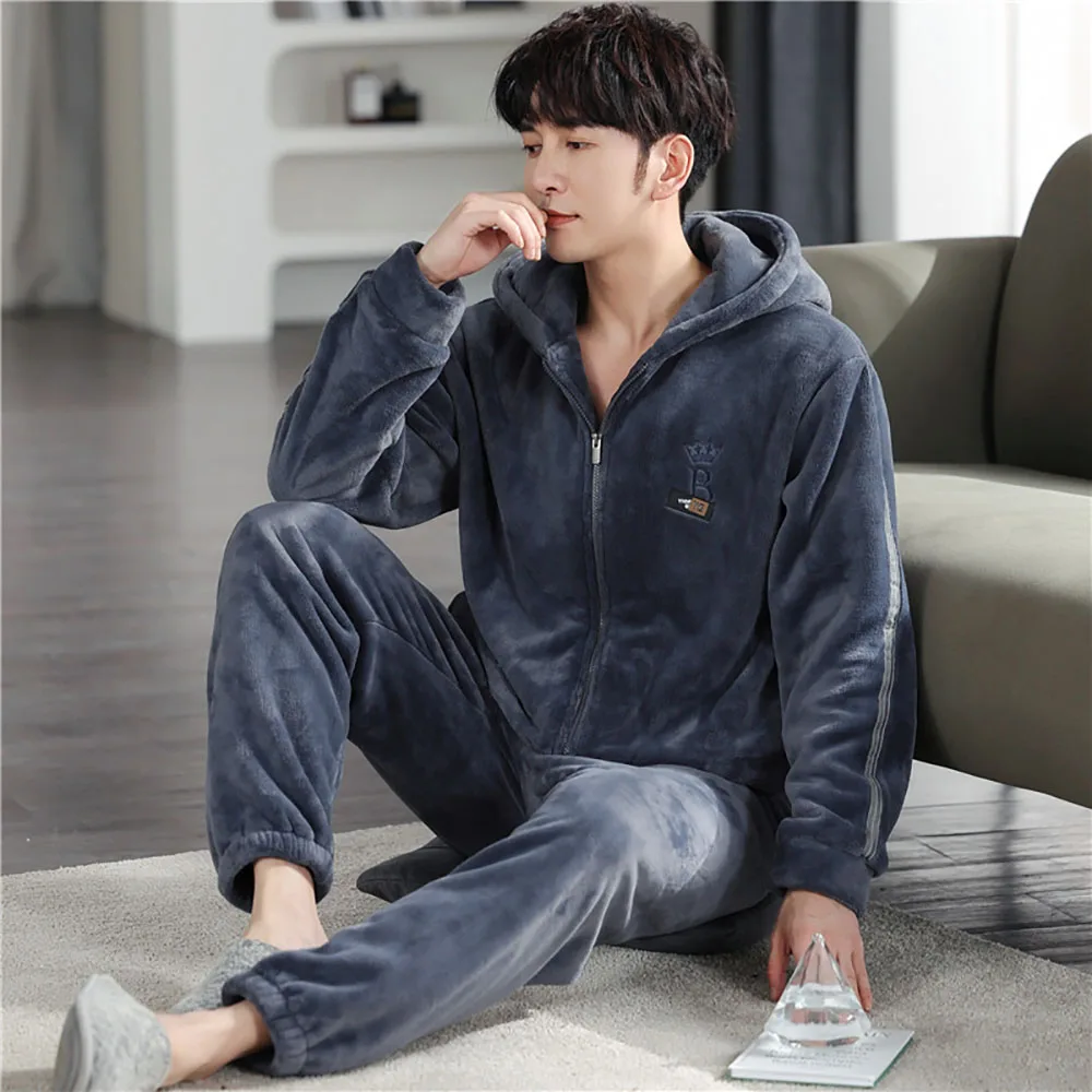 Double-side Flannel High-density Warm Pijama Hombre Big Size Pajamas Sleepwear 4XL Loose Zipper Hooded Thick Winter Pyjama Homme