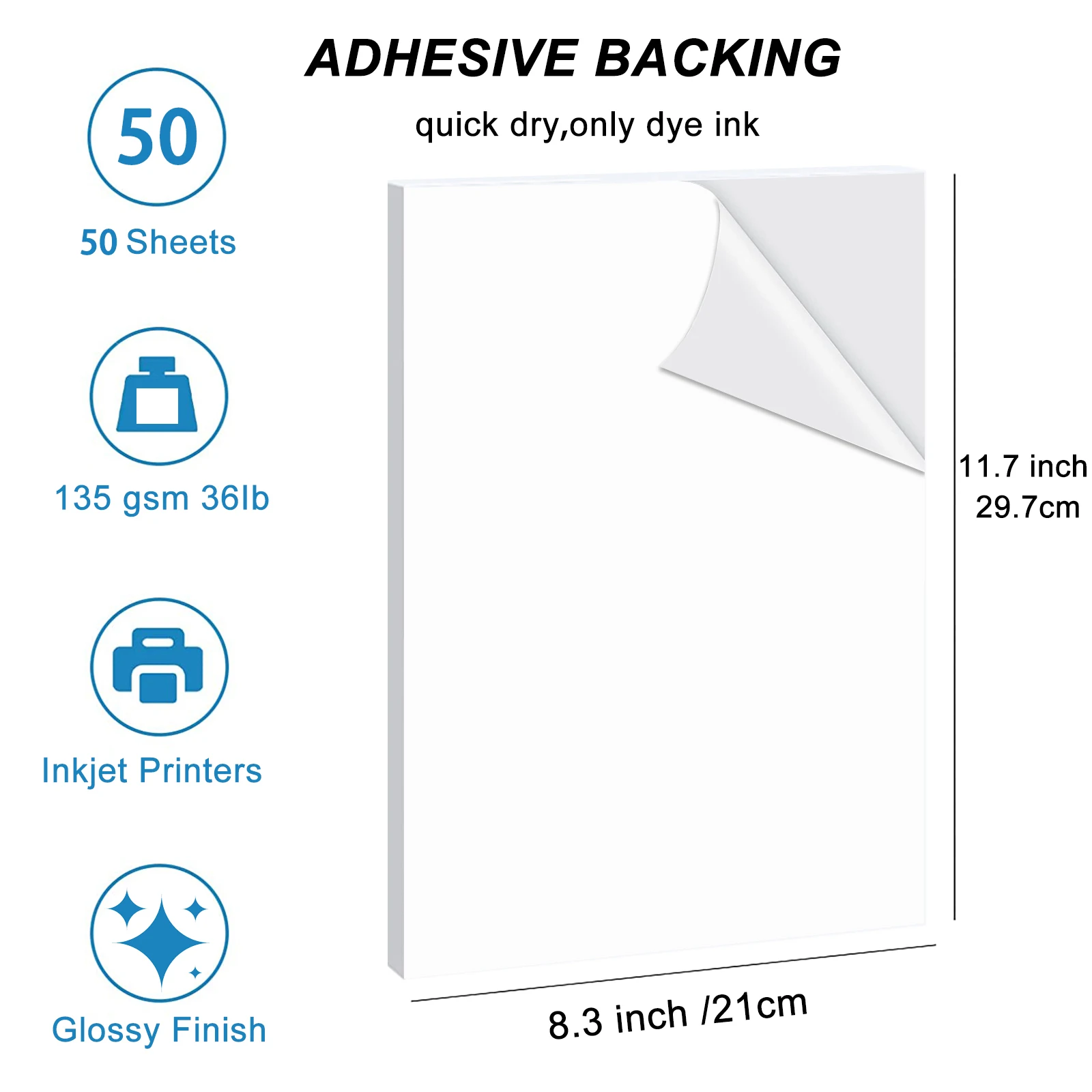 ESHANG Self-Adhesive Photo Paper, A4 Glossy Sticker Paper for Inkjet Printer, 8.3 x 11.7 Inch, 50 Sheets, 135 gsm 36Ib