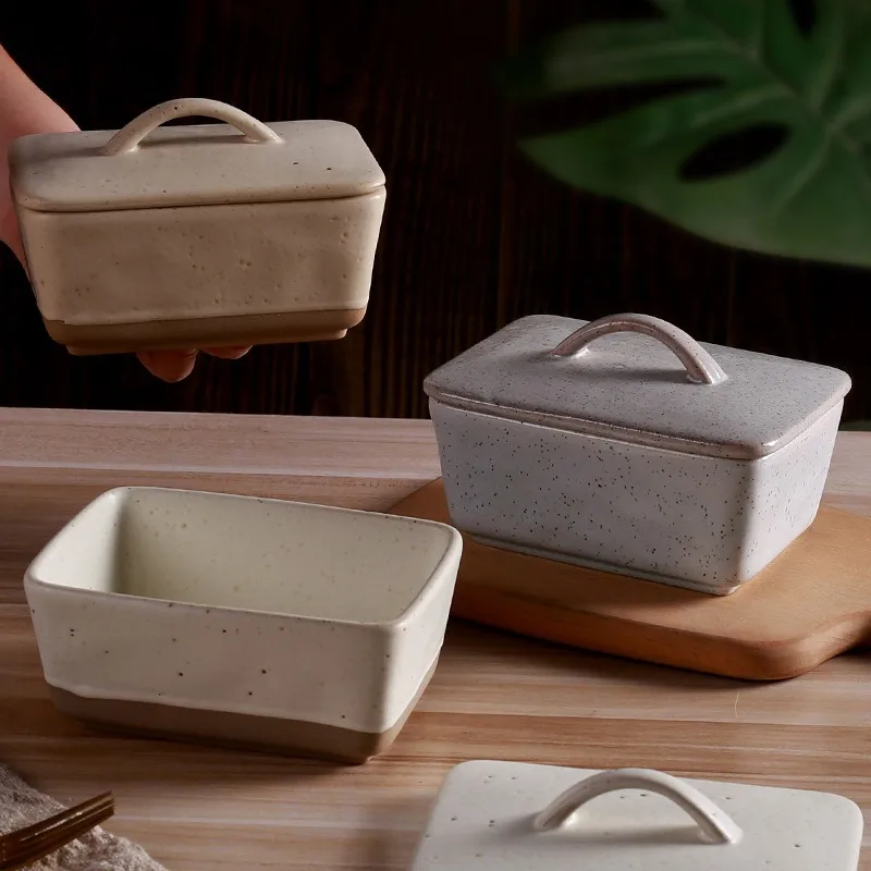 Retro Creative Ceramic Butter Box with Lid Plate Square Cream Box Western Butter Box