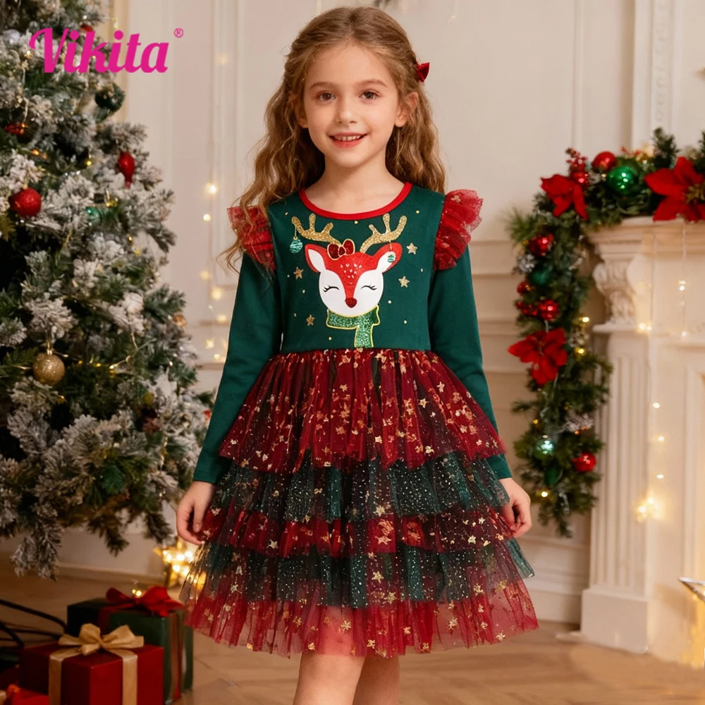 VIKITA Girls Christmas New Year Festival Dress Kids Reindeer Print Tutu Dresses Girls Green Red Autumn Winter Princess Dresses