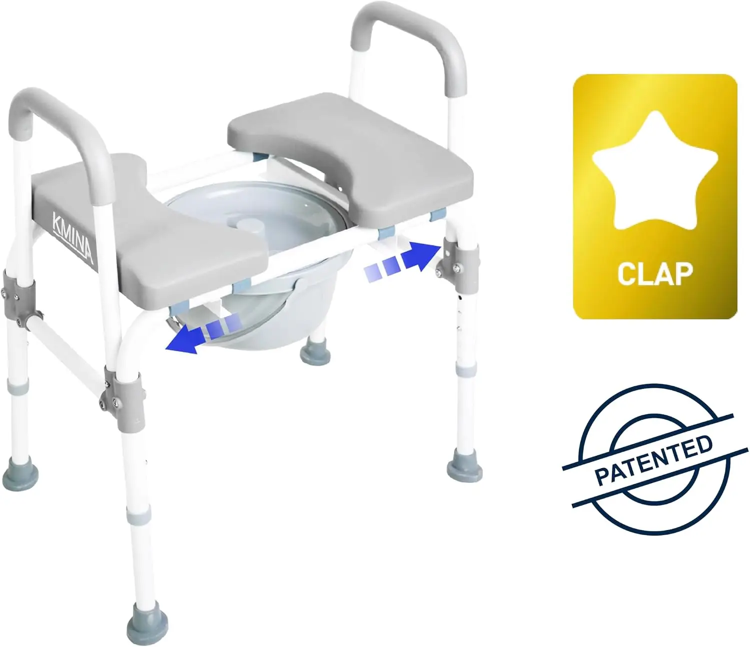 KMINA Raised Toilet Seat Riser with Handles for Seniors, 400 lb, White | Works as a Commode and Shower Chair, Padded Armrests, A