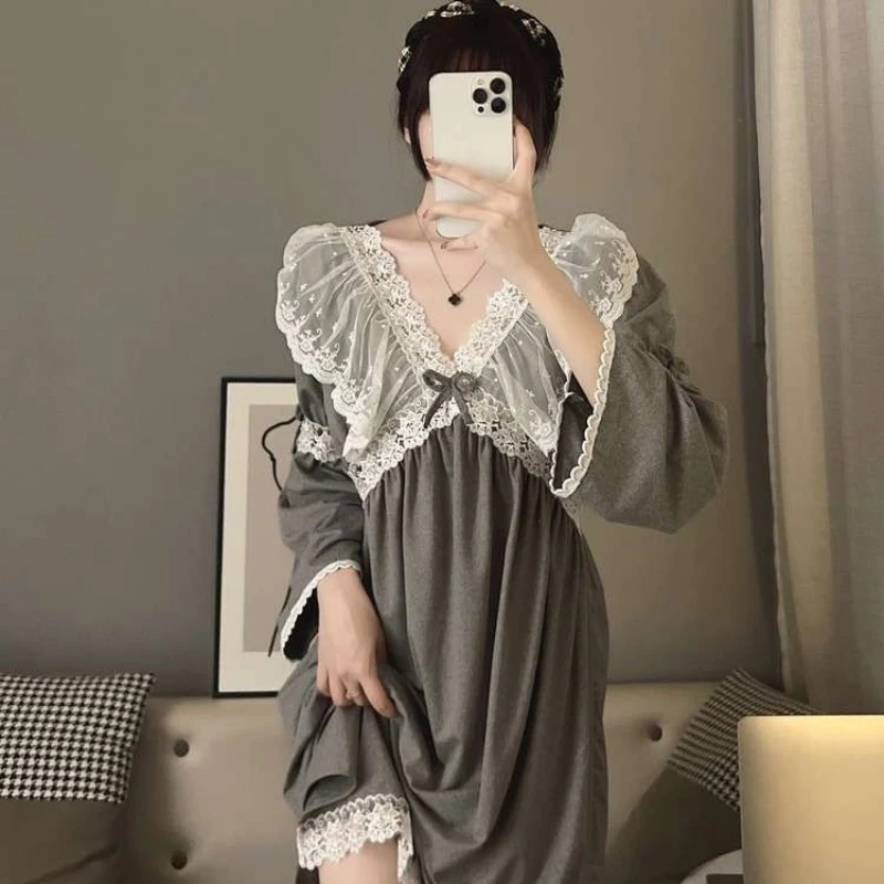 

French court style elegant women's nightdress spring and autumn lace V-neck solid color plus size nightgown women's home wear