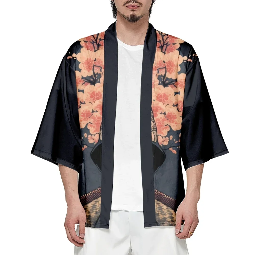 Kimono streetwear japonês de estampa samurai do gato Sakura para homens e mulheres, cardigã plus size, roupas tradicionais Harajuku, praia de verão