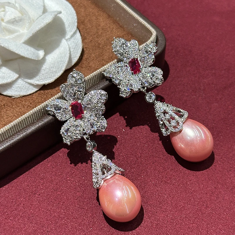 

Petal red flower pearl Baroque earrings luxurious elegant new floral drop earrings for women