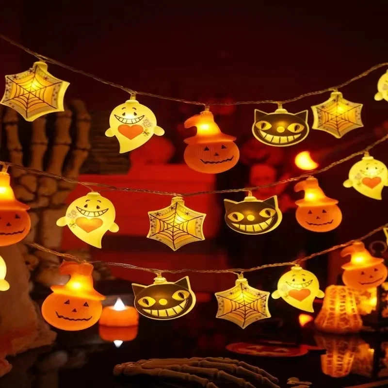 Halloween abóbora luzes da corda morcego aranha lâmpadas de corda alimentado por bateria ao ar livre festa de halloween guirlanda decoração luz da noite