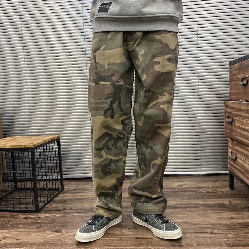 American Style Ameika Khaki Retro Workwear Washed Pocket Casual Loose Straight Leg Design Trendy Camouflage Long Pants
