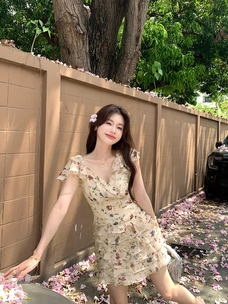 

Комплект Syeee: топ и юбка с цветочным принтом и эффектом личи, женский, весна-лето, милый и элегантный, модный женский костюм