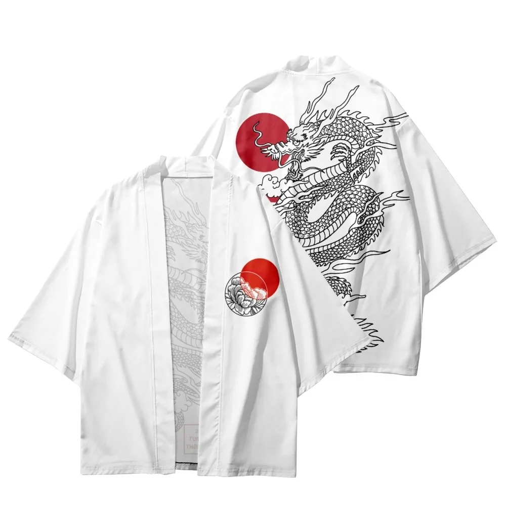 

Chinese Dragon Print Shirts White Coat Traditional Kimono Men Women Yukata Japanese Tokyo Streetwear Cardigan Cosplay Haori