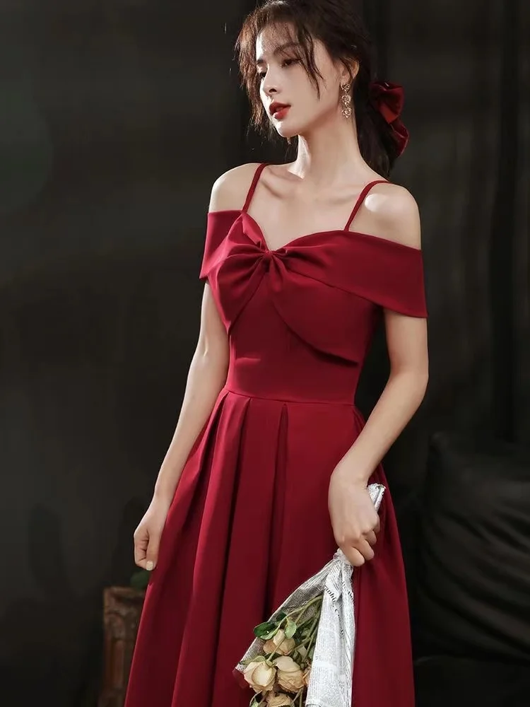 French Style Autumn and Winter Hepburn Waist Dress Red Suspender Middle Length Dress Engagement Anniversary Dress
