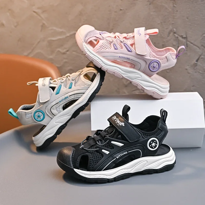 

2025 Summer New Boys' Sandals Soft Bottom Non Slip Children's Beach Shoes Hook Loop Closed-toe Girls' Sports Sandals 5-12T