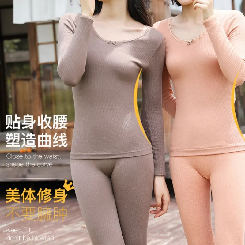 Sexy 2Pcs Thermal Underwear Women Suit Long Sleeve Top Warm Pants High Stretch Lace Slimming Body Shaper Breathable Thermao Suit