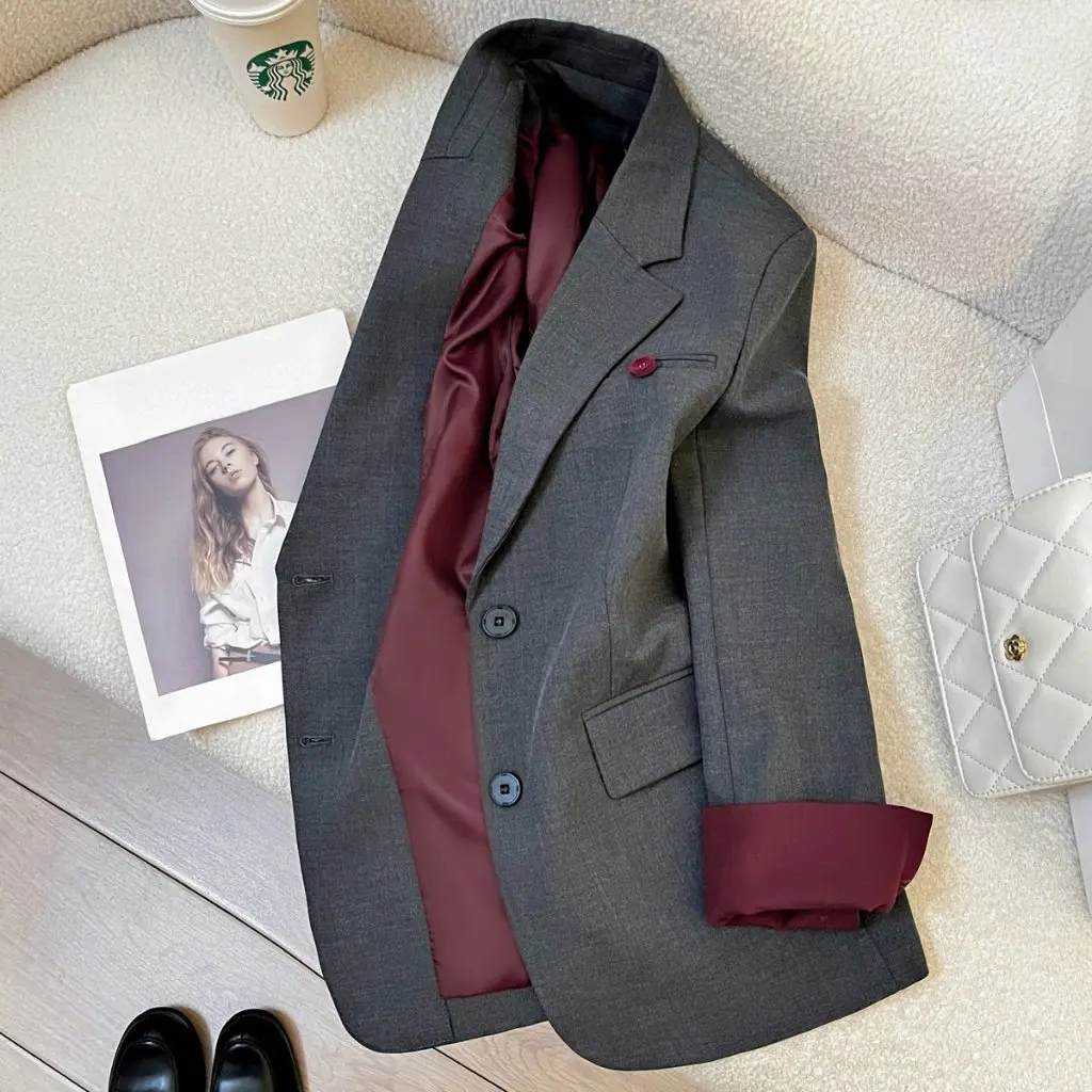 

Gray Casual Women's Suit Jacket Loose Fashion Design Slimming Spring Autumn New Style Korean Version Topwear