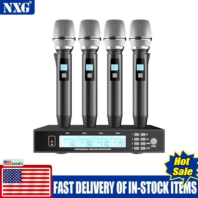 Factory Direct Sale NXG  Wireless Microphone System, 4‑Channel UHF, Equipped with 4 Handheld Metal Dynamic Wireless Microphones, 50M Reception Range, Supports 4‑Microphone Simultaneous Use, Ideal for Conferences, Performances, Hosts, KTV & More, Clear
