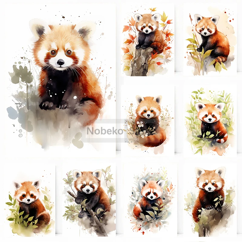 Watercolor Style Red Panda Posters Lovely Animal Lesser Panda Prints Canvas Painting Wall Art Pictures Home Room Decor Kids Gift