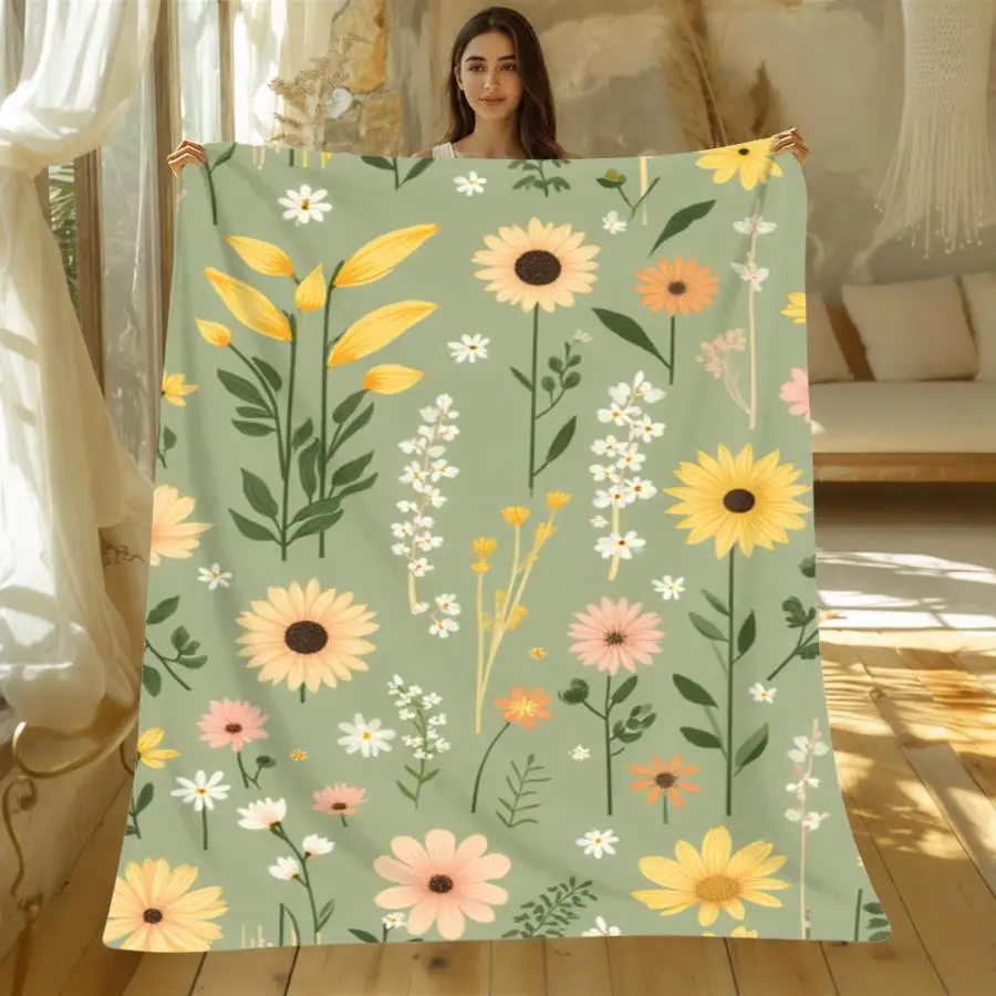 1pc Warm Premium Flannel Blanket, Soft Sage Green with Hand-Drawn Floral Daisy Pattern, Cozy Decorative Throw for All Seasons Perfect as Home Decoration & Holiday Gift Choice.