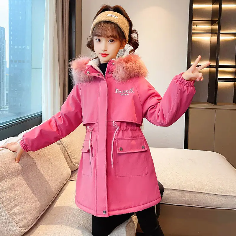 New Winter Down Cotton Jacket Girls Glossy Fur Collar Hooded Coat Children Outerwear Clothing Teenage 5-14Y Kids Parka Snowsuit