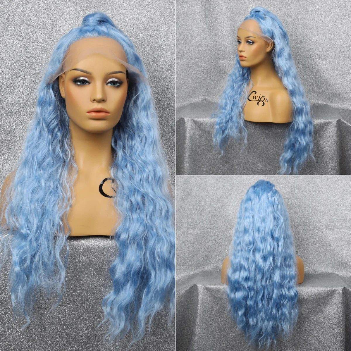 Front Lace 13*4 Synthetic Blue Big Wave Wig Mesh Cap Breathable Comfortable Lightweight High Density Heat Resistant Cosplay Wig