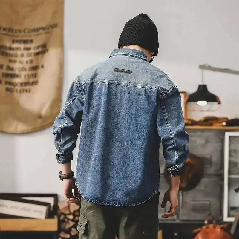 Spring 2025 New Denim Shirt Men's  Asymmetrical Colorblock Pocket Design Workwear Top Long-sleeved Shirt Coat 2WS4A