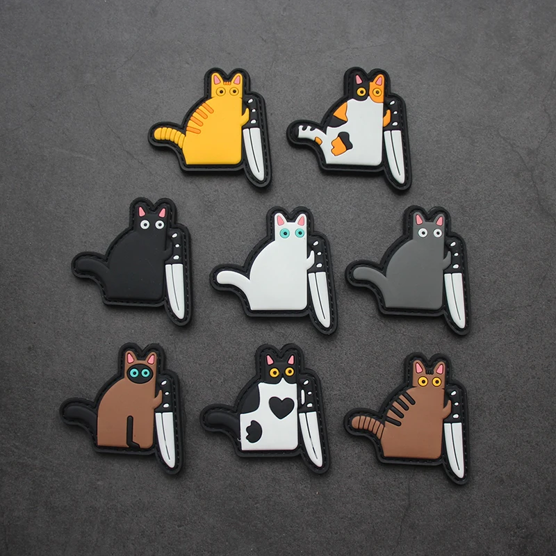

Outdoor Bag Accessories, Cartoon Creativity, PVC Cat with A Knife Cat Morale PVC Rubber Armband, DIY Helmet, Vest Hook Patch