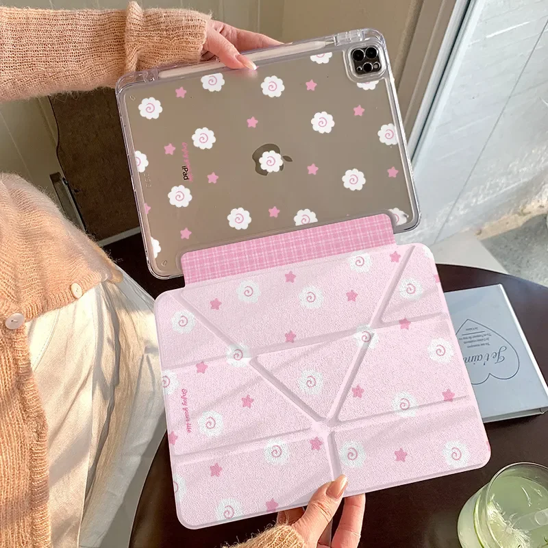 Pink Stars Cute Fish Plate Y-Shaped Triple Fold For iPad 2025 Protective Cover For iPad Pro 2022 12.9 Air7 10th 11th M4 M5 Case
