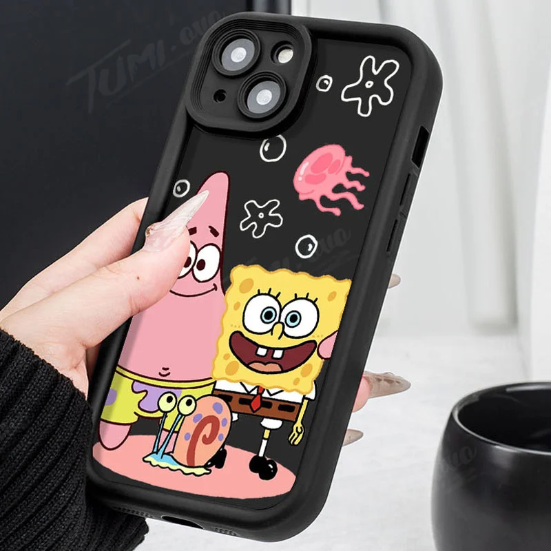 Lovely SpongeBobs Silicone Phone Case for iPhone 14 15 Pro Max 13 12 11 X XS XR 7 8 Plus SE 2020 Shockproof Matte Back Cover