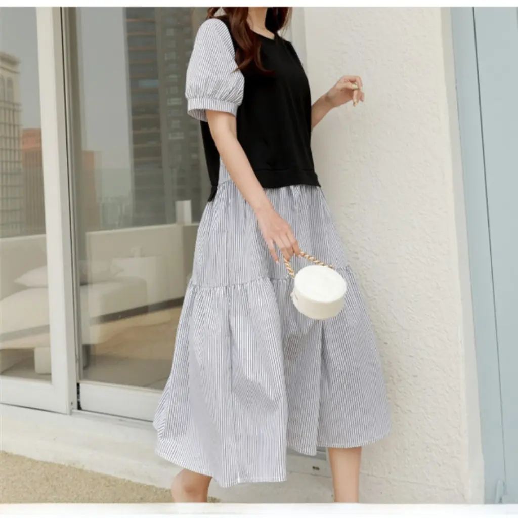 

Женское летнее платье большого размера в корейском стиле с круглым вырезом, вязаное полосатое платье с короткими рукавами, искусственное двухсекционное свободное платье