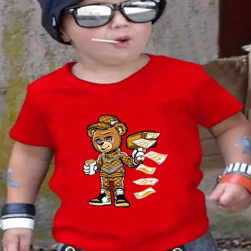 

Популярный летний топ с круглым вырезом и короткими рукавами для девочек, топ с принтом плюшевого мишки New Love, детская одежда, одежда для мальчиков и девочек, детская одежда