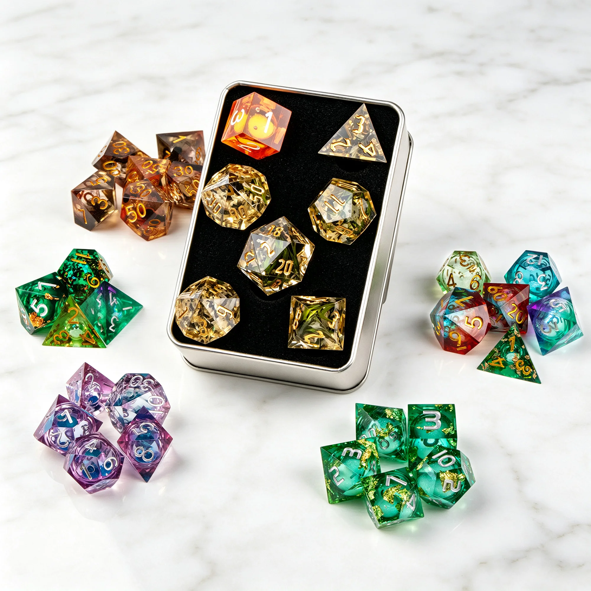 7Pcs DND Dice Set Mixed Styles Different Materials Random Assembled Polyhedral Dice for Tabletop Role Playing Game