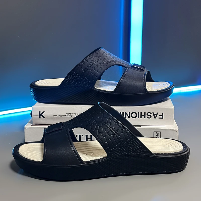 Summer New Style Men's Leather-Textured Beach Flip-Flops, Sizes 39-45, Thick-Soled Waterproof Eva Sandals