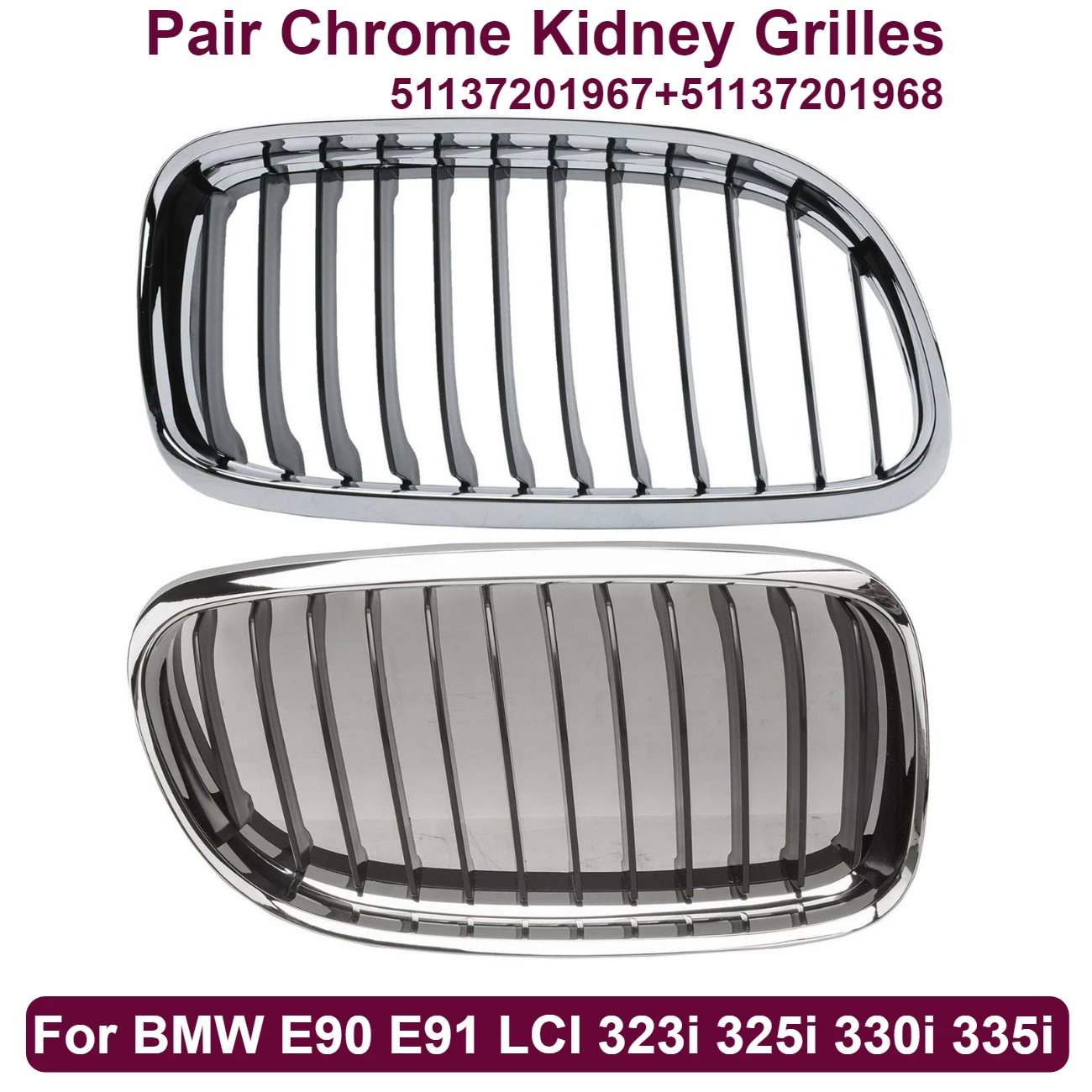 

Пара передних L и R хромированных решеток для почек для BMW E90 E91 LCI 323i 325i 330i 335i 51137201967 и 51137201968
