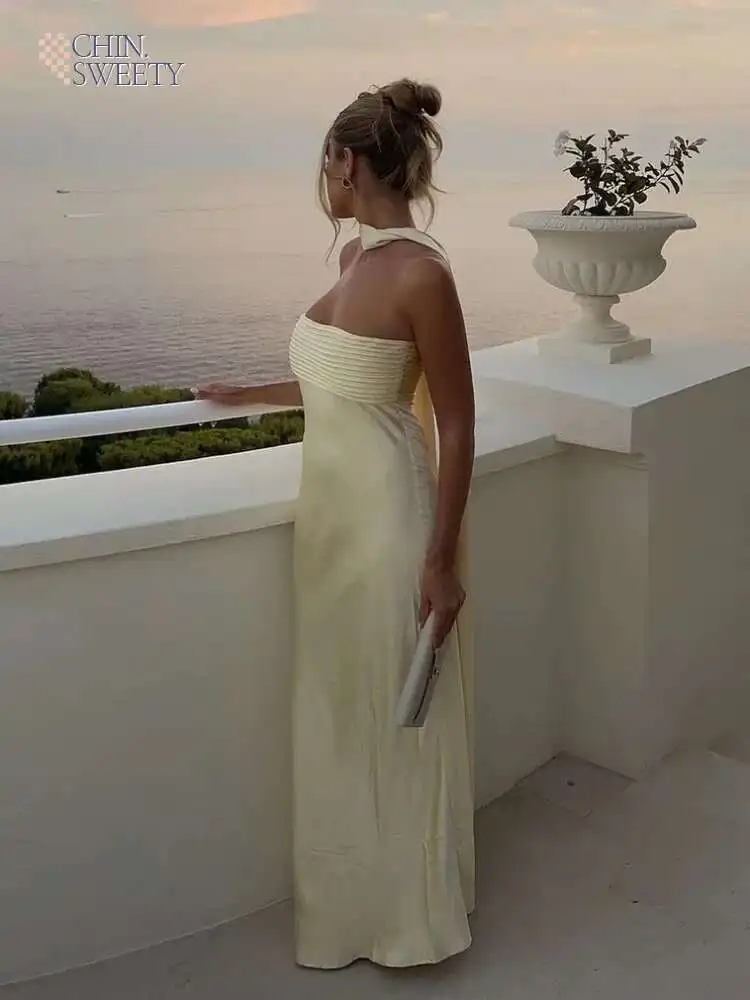 فستان ماكسي أنيق بدون حمالات بدون ظهر للنساء موضة مع وشاح من الساتان المرقعة مطوي رداء طويل 2025 ملابس حفلات الشارع الجديدة