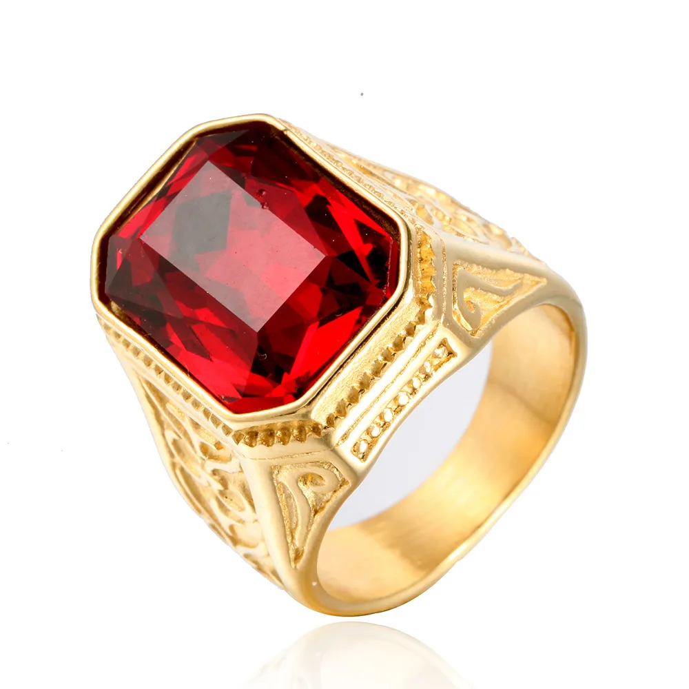 New Men Black Color Hiphop Ring 316L Stainless Steel green/Red/Blue rhinestone Stone Ring Rock Fashion Male Jewelry for Man