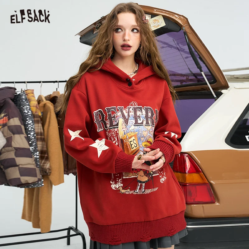 ELFSACK 2024 Winter New Arrivals Retro star cartoon printed hoodie for women