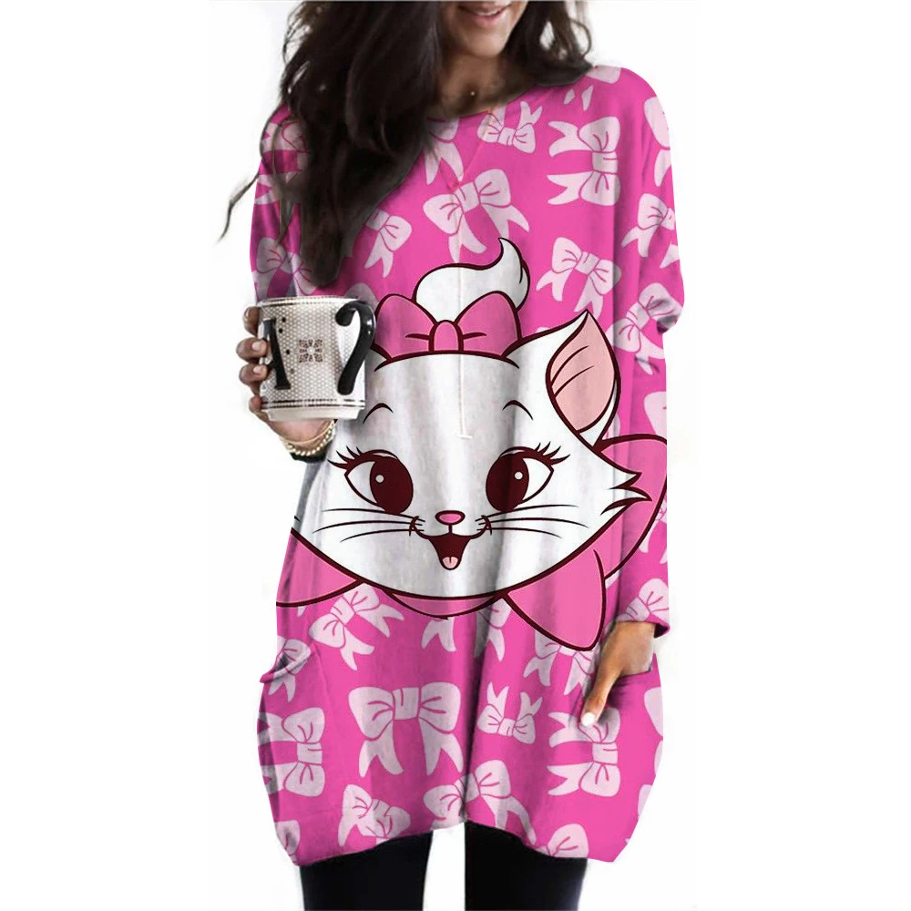 

Disney cartoon Mary Cat print Women's T-shirts Autumn Long Sleeves T shirt Tops Designer Casual Loose O-neck Women Clothing