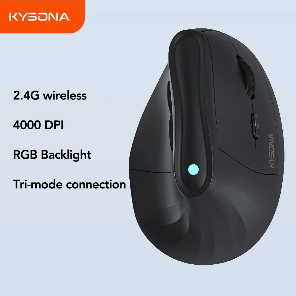 Kysona EM9 Wireless Vertical Mouse Bluetooth Ergonomic RGB Rechargeable 4000DPI 6 Mute Buttons for Tablet Laptops Computer PC