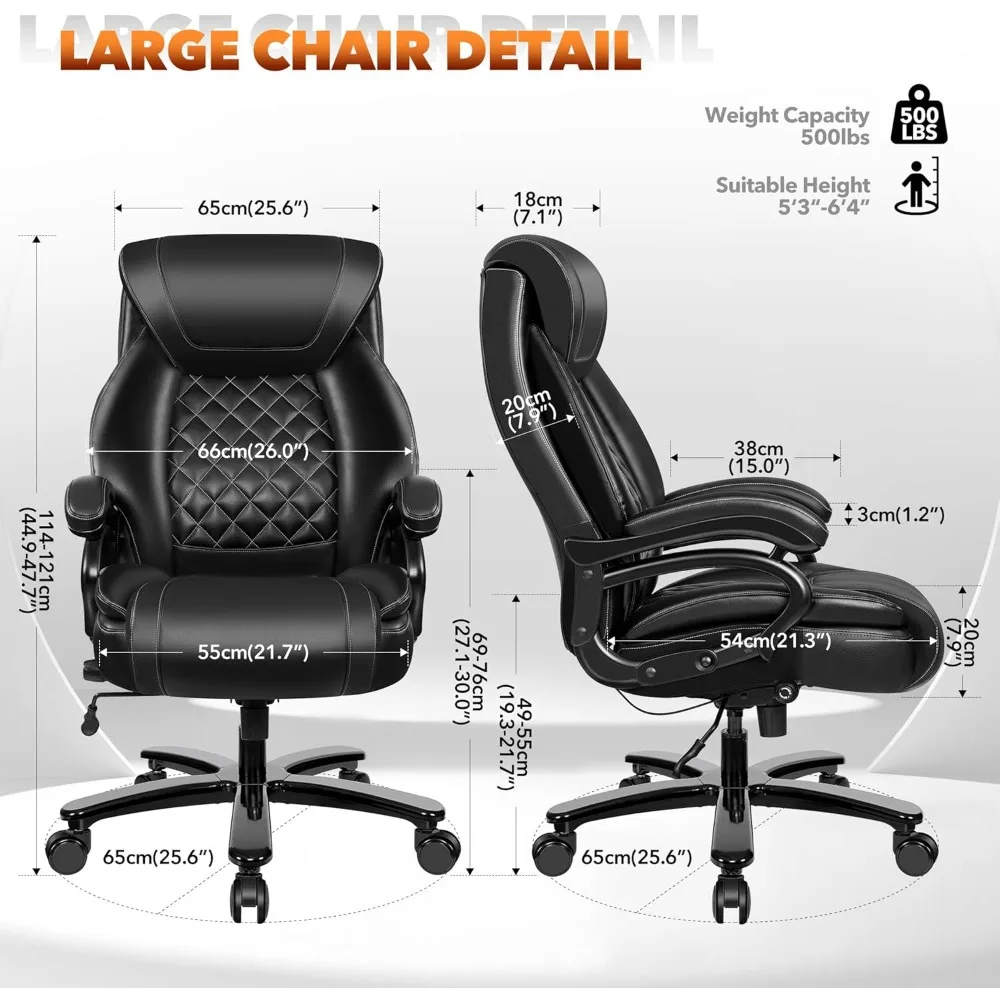 كرسي مكتب كبير وطويل للأشخاص الثقيلين بوزن 500 رطل، كرسي مكتب تنفيذي من الجلد مع دعم قطني مريح قابل للتعديل وثي #2