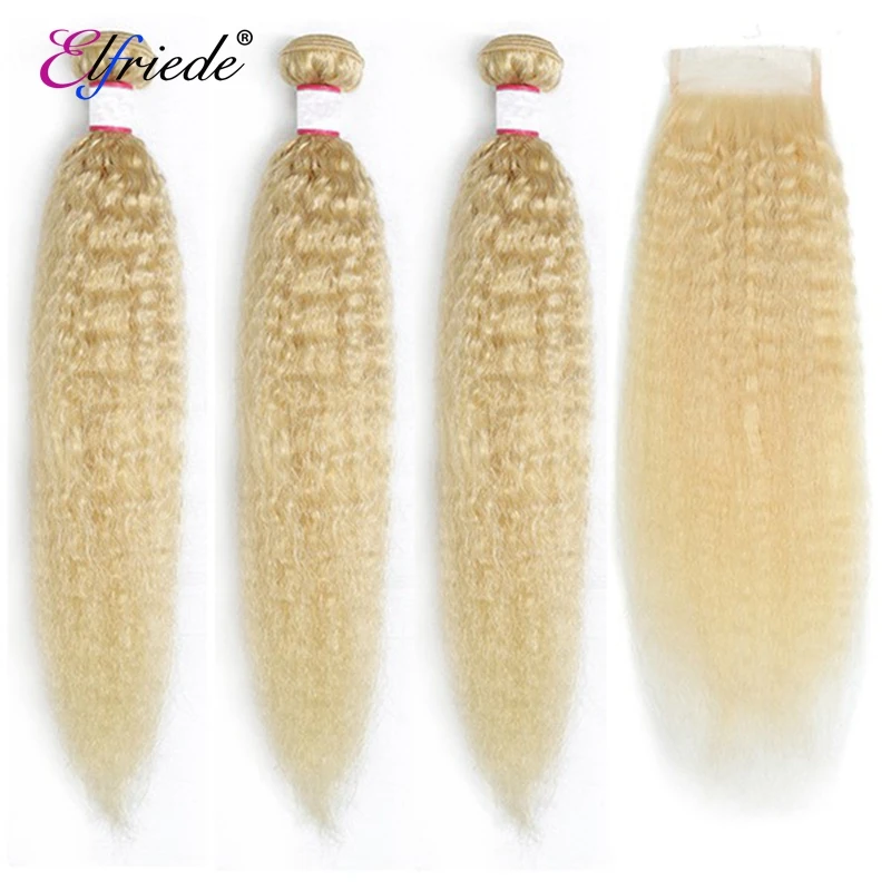 

Elfriede #613 Blonde Kinky Straight Bundles with Closure 100% Brazilian Remy Human Hair Weaves 3 Bundles with Lace Closure 4x4