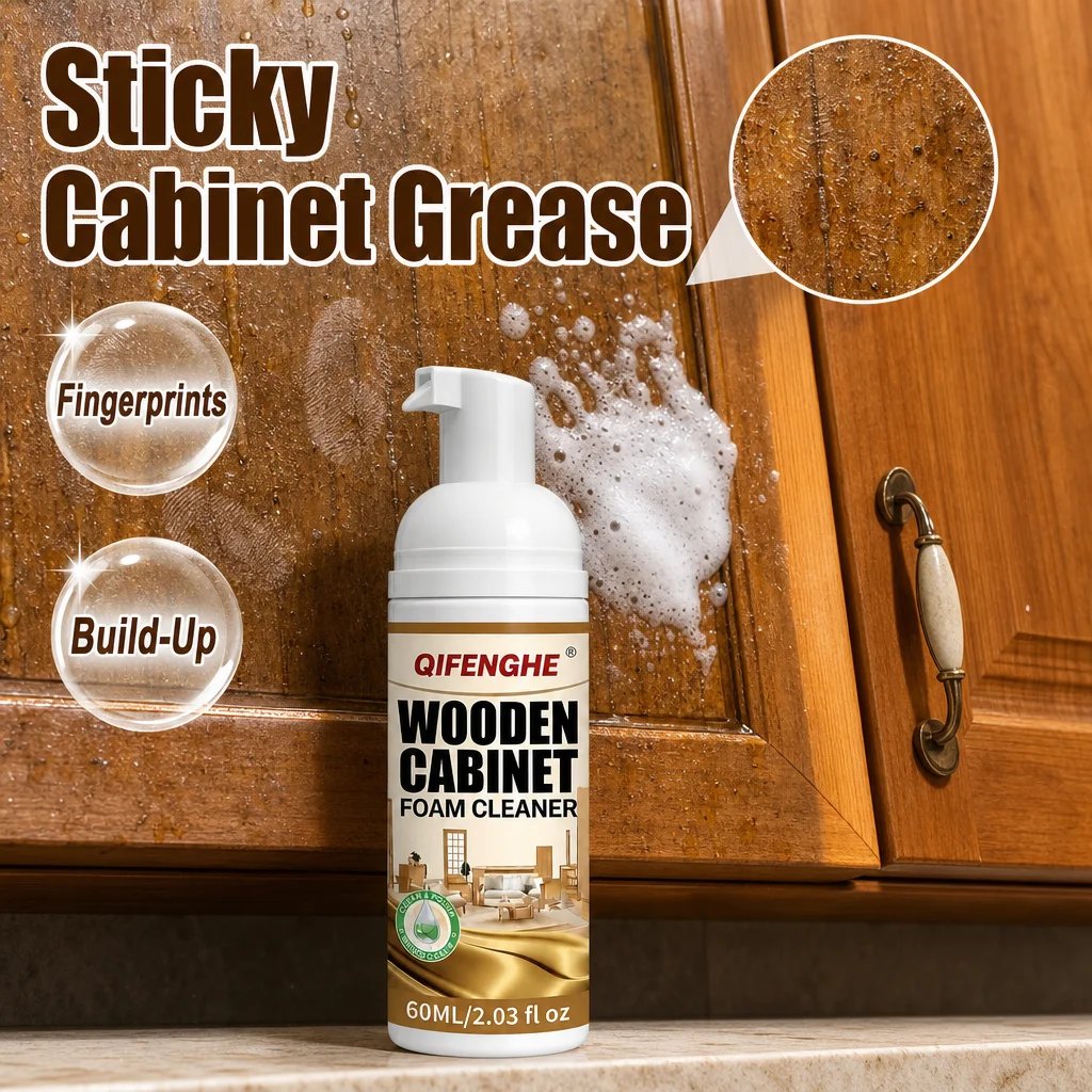 Wooden Cabinet Foam Cleaner, Remove Sticky Grease Fingerprints Build-Up, Kitchen Cabinet Degreaser 60ml