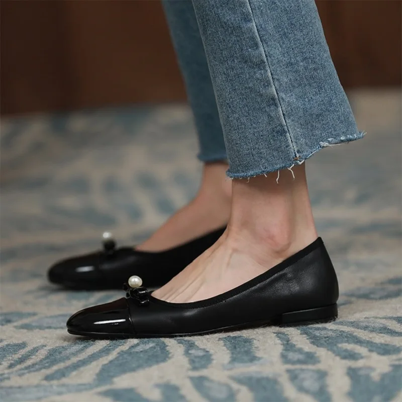 Basic Flat Shoes Woman RoundToe Ballet Flats Elegant Low Heel Simple Shoes French Style Real Leather Spring Autumn Flats