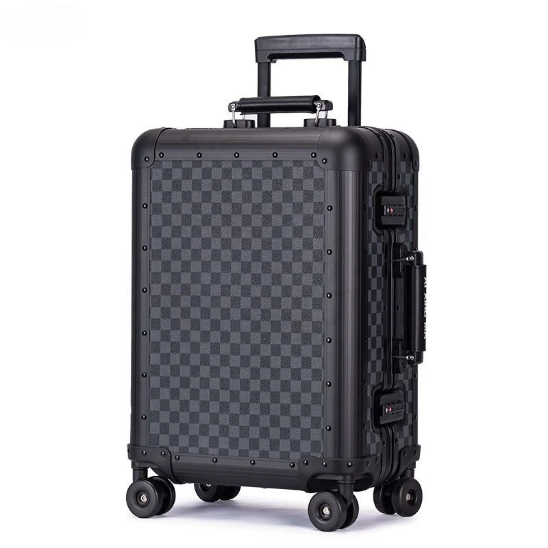 

Retro checkerboard aluminum magnesium alloy universal wheel suitcase for men and women, travel boarding business luggage