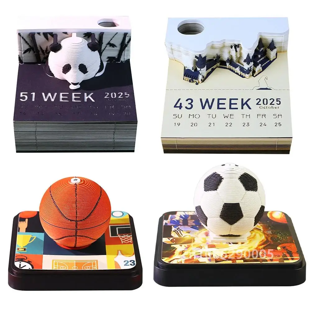 3D Memo Pad 2025 Desk Calendar Cute Panda Soccer Memo Pad 3D Magic Castle Weekly Calendar Notepad Pen Holder Home Decor Gift