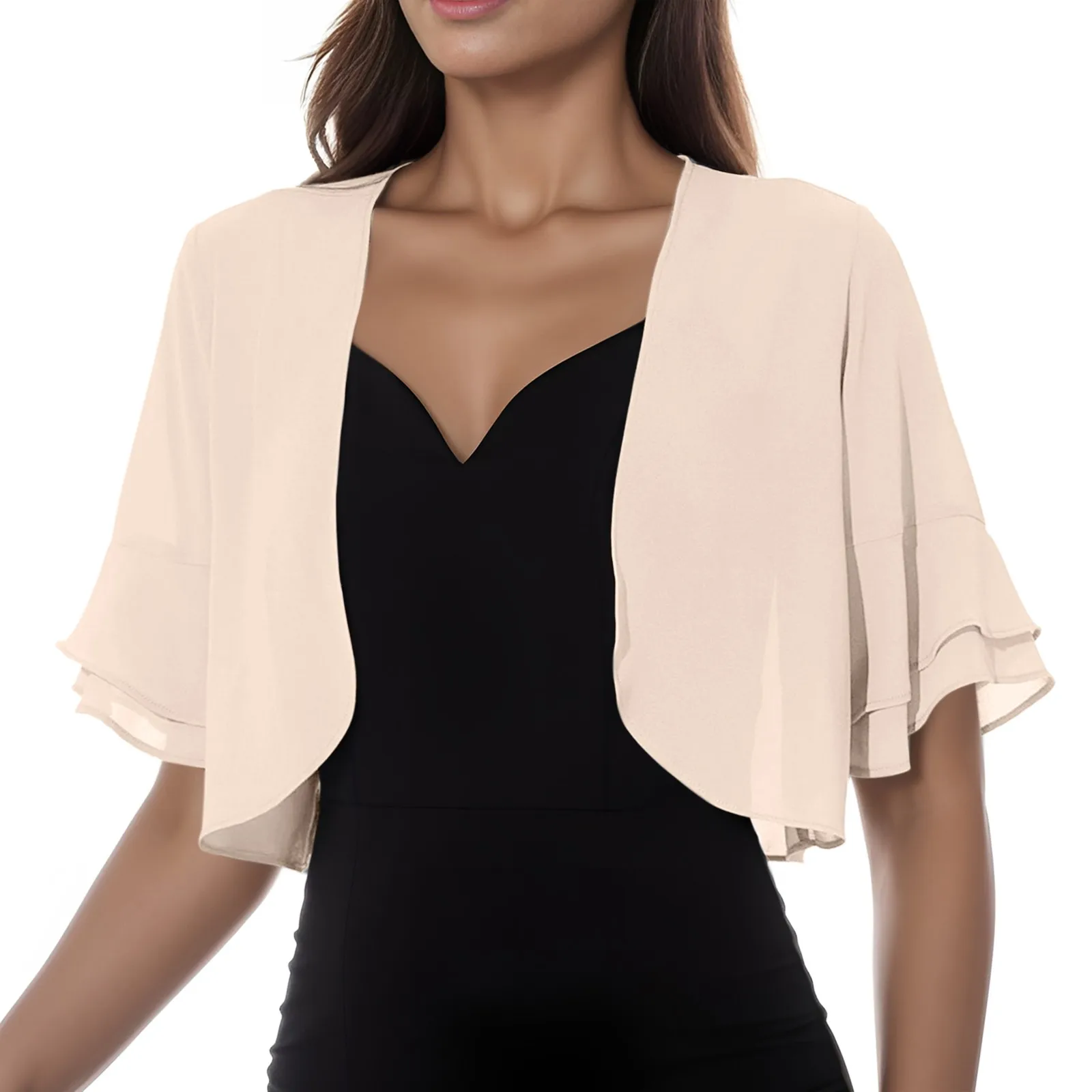 Dames Open Voorkant Korte Mouw Chiffon Vest Zomer Mode Korte Shrug Bolero Vrouwen Cropped Doorschijnende Sjaal Jas Bovenkleding