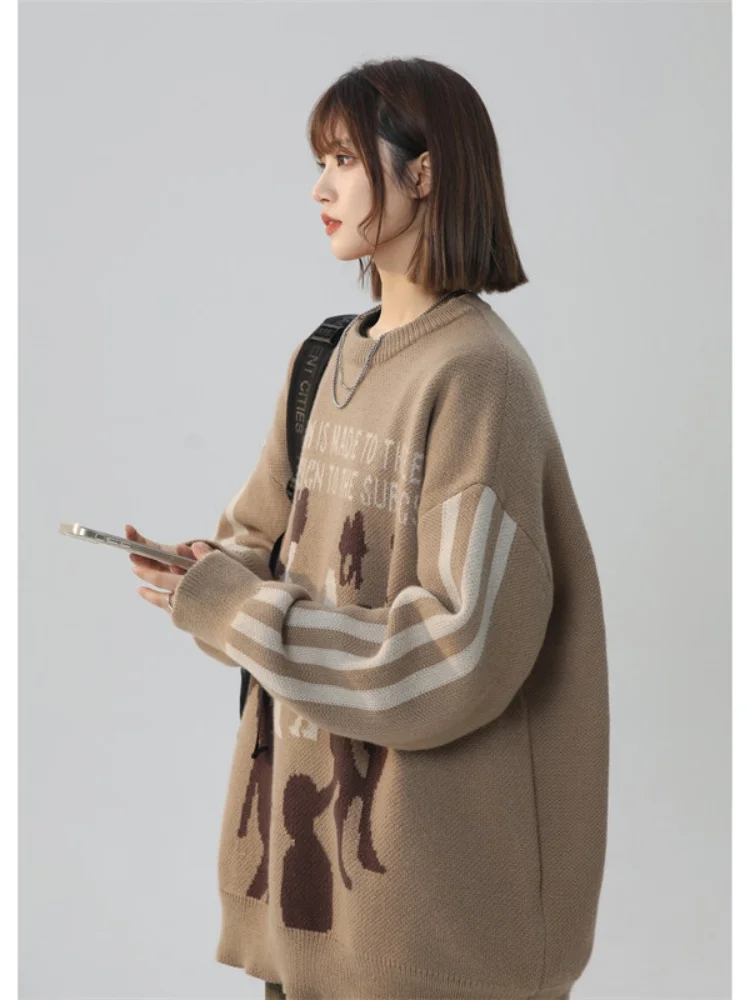 

Couples Knitted Sweater Long Sve Lazy Sle American Retro Print Loose Fit Base Layer irt Casual Knitwear for Autumn