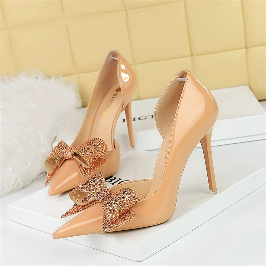 

Women Pointed Toe Sexy Butterfly-knot Thin High Heels Ladies Pumps Sparkling Rhinestone Embellished Monoshoe Mature Party Shoes