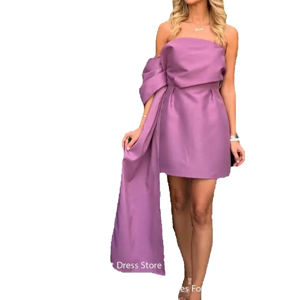 

Xikuo Purple Satin One Shoulder Prom Gowns Modern Above Knee Vestidos De Fiesta Strapless Mini Dresses 2026 Woman Customized