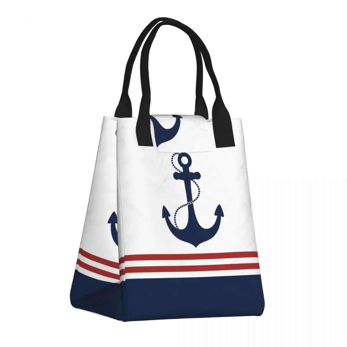 Nautical Navy Blue Anchor With Stripes Lunch Bag Portable Sailing Sailor Cooler Thermal Insulated Bento Box Women Food Tote Bags