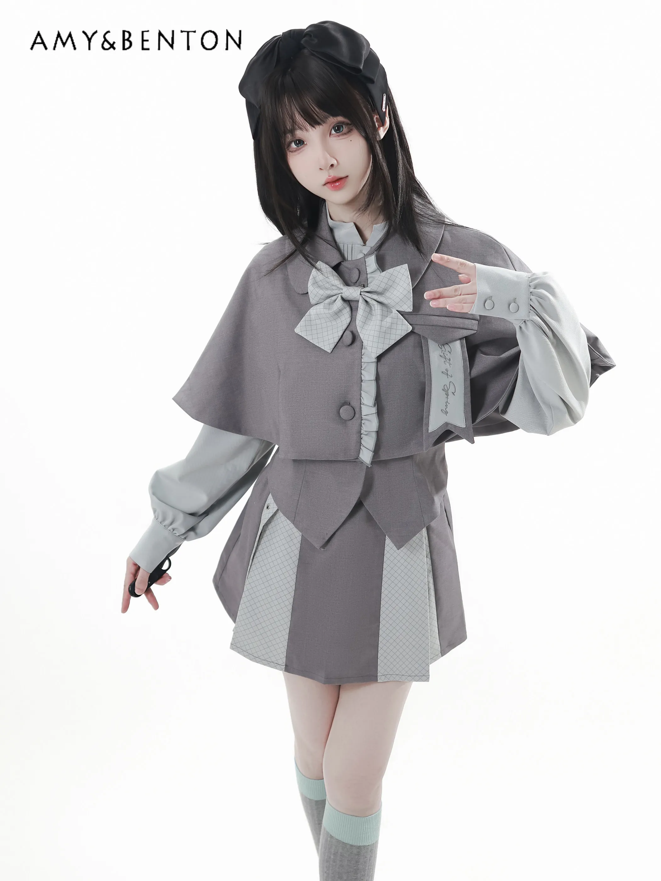 

Sweet Girly Color-blocked Cape Dress Sets New Spring Original Cute Stand-up Collar Long-sleeve Shirt Pleated Skirt Two-piece Set