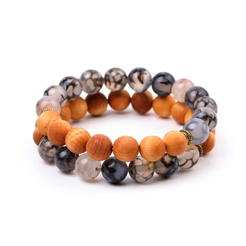 Couple Set 10mm Black Dragon Vein Agate Wood Bead Stone Bracelets Romantic Friendship Wristbands Jewelry Best Friend Gifts