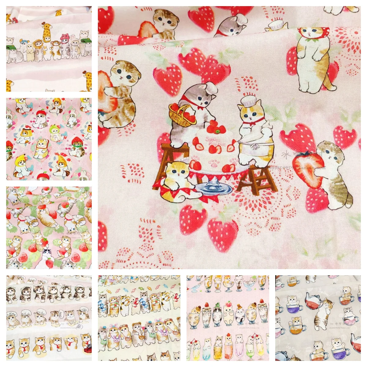 12 Japanese Cats Collection - BTY 1 Yard Cotton Woven Fabric - Cute Cartoon Animals, Kawaii Japanese Cat Strawberry